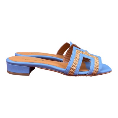 ciabattina Lolita in pelle e rafia azzurra