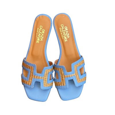 ciabattina Lolita in pelle e rafia azzurra