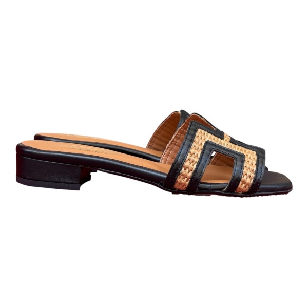 ciabatta Lolita in pelle e rafia nera