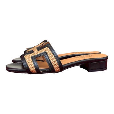 ciabatta Lolita in pelle e rafia nera