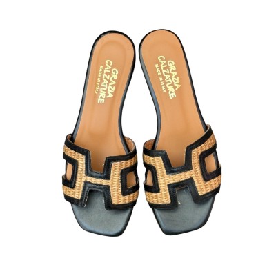ciabatta Lolita in pelle e rafia nera
