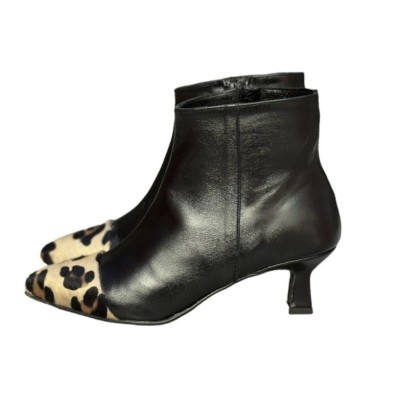 stivaletto Giuly in pelle nero  e inserto animalier maculato