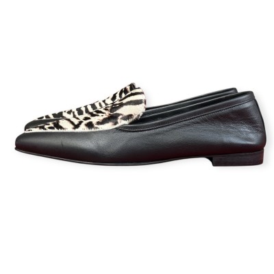 mocassino Carol in pelle nero e inserto animalier