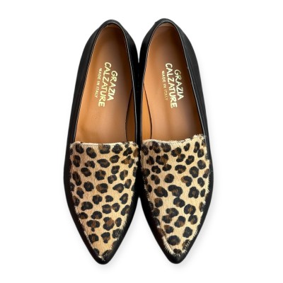 mocassino Carol in pelle nero e inserto animalier