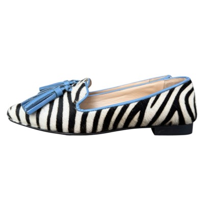 ballerina Grazia in pelle animalier zebra profilo azzurro