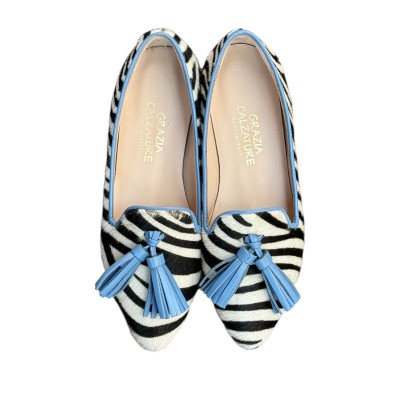 ballerina Grazia in pelle animalier zebra profilo azzurro