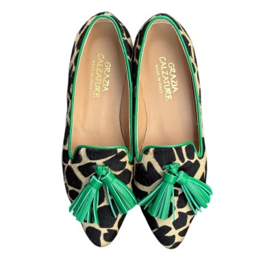 ballerina Grazia in pelle animalier giraffa fondo crema profilo verde