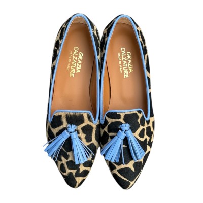 ballerina Grazia in pelle animalier giraffa fondo crema profilo azzurro
