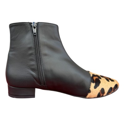 stivaletto Mimy in pelle nero e inserto animalier maculato