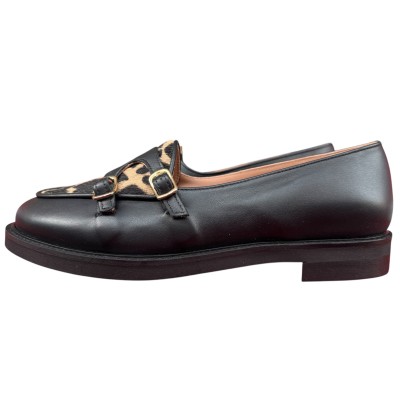 mocassino Milly in pelle nero e inserto animalier giraffa