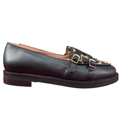 mocassino Milly in pelle nero e inserto animalier giraffa