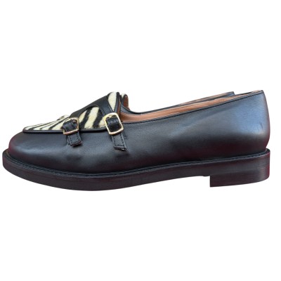 mocassino Milly in pelle nero e inserto animalier zebra
