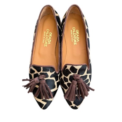 ballerina Grazia in pelle animalier giraffa fondo crema profilo marrone