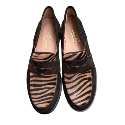 mocassino Holly in camoscio marrone e inserto animalier