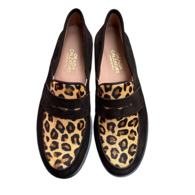 mocassino Holly in camoscio marrone e inserto animalier