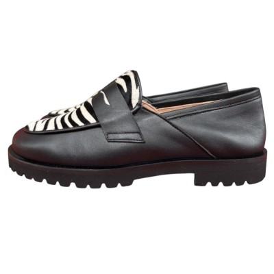 moncassino Holly in pelle nero e inserto animalier zebrato