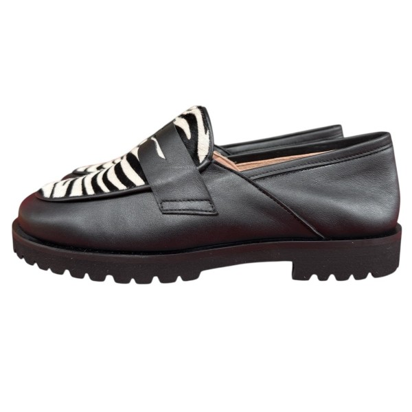 moncassino Holly in pelle nero e inserto animalier zebrato