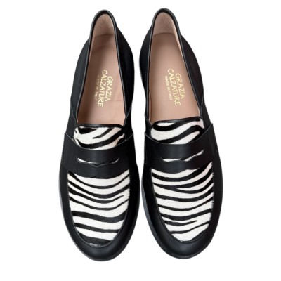 moncassino Holly in pelle nero e inserto animalier zebrato