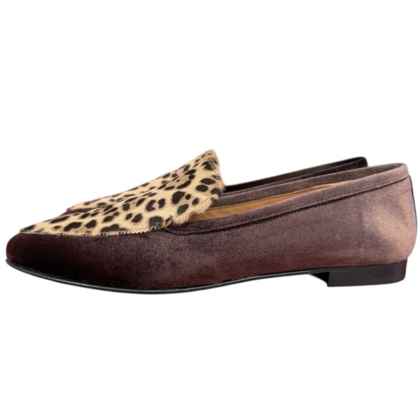 mocassino Carol in velluto marrone e inserto animalier maculato
