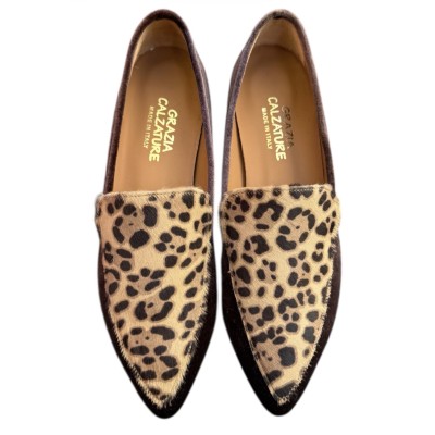 mocassino Carol in velluto marrone e inserto animalier maculato