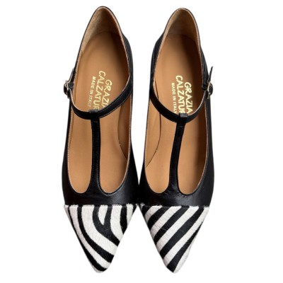 decolette Enea in pelle nera e inserto animalier zebrato