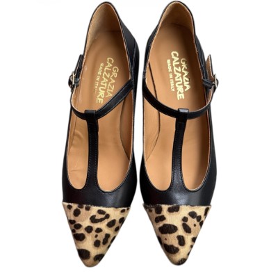 decollete Enea in pelle nero e inserto animalier maculato