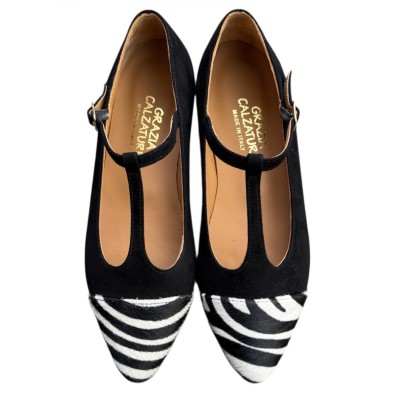 ballerina Maria in camoscio nero e animalier zebrato