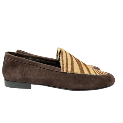 mocassino Mery in camoscio cioccolato e inserto animalier