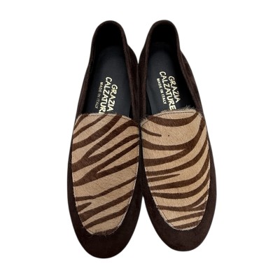 mocassino Mery in camoscio cioccolato e inserto animalier