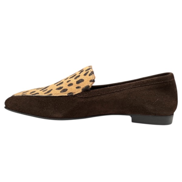 mocassino Carol in camoscio cioccolato e inserto animalier