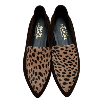 mocassino Carol in camoscio cioccolato e inserto animalier