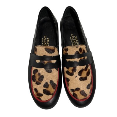mocassino Benny in pelle nero  e inserto animalier maculato