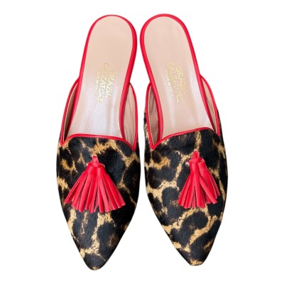 sabot Anna in pelle animalier maculato profilo rosso