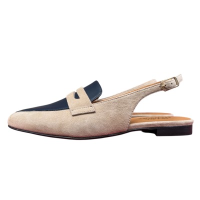 slingback Vienna in camoscio taupe e pelle blu