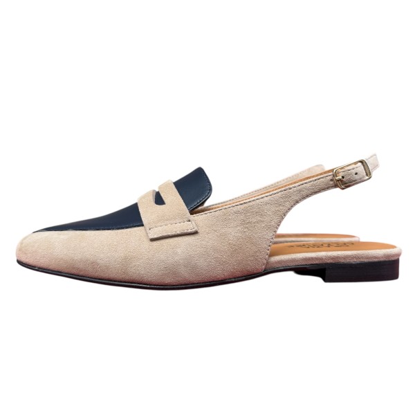 slingback Vienna in camoscio taupe e pelle blu