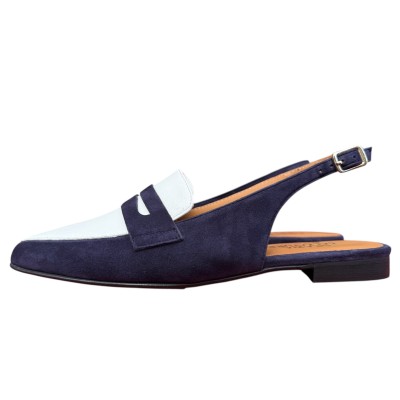 slingback Vienna in camoscio blu e pelle bianca