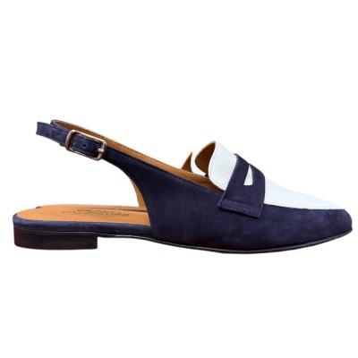 slingback Vienna in camoscio blu e pelle bianca