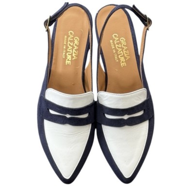 slingback Vienna in camoscio blu e pelle bianca