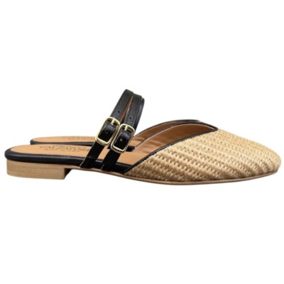 sabot Amalfi in rafia profilo in pelle nero