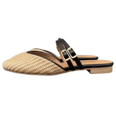 sabot Amalfi in rafia profilo in pelle nero