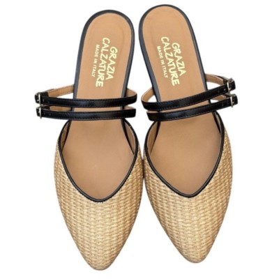 sabot Amalfi in rafia profilo in pelle nero