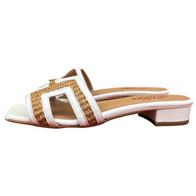 ciabattina Lolita in pelle bianca a rafia