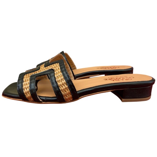 ciabattina Lolita  in pelle nera e rafia