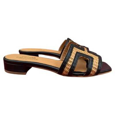 ciabattina Lolita  in pelle nera e rafia