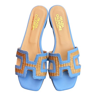 ciabattina Lolita in pelle azzurra e rafia
