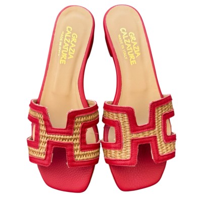 ciabattina  Lolita in pelle rossa  e rafia