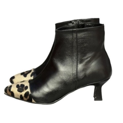 stivaletto Giuly in pelle nero e inserto animalier maculato