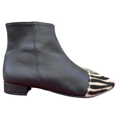 stivaletto Mimy in pelle nero e inserto animalier zebra
