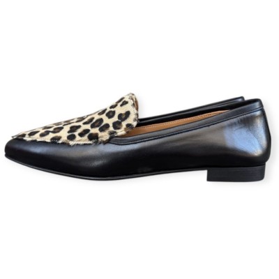 mocassino Carol in pelle nero e inserto animalier Maculato