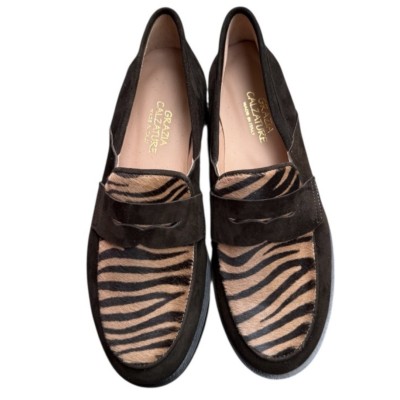 mocassino Holly in camoscio moro  e inserto animalier tigre